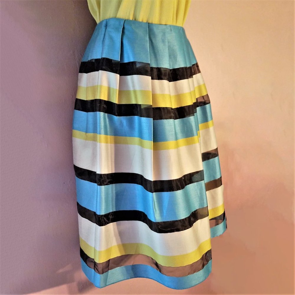 Paul Smith Pleat Skirt~Solid & Sheer Stripes~Blue Chartreuse Black Ecru~42/6 NEW
